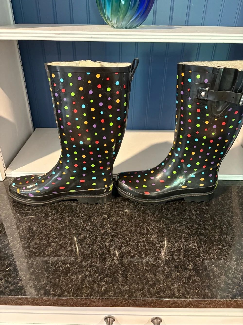 Western Chief Black Rain Boots with Multicolor Polka Dots